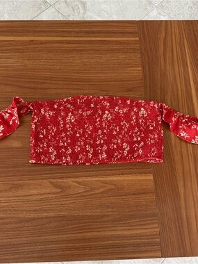 Red Floral Smocked Tube Top with Tie Straps and Skirt with Slit Set
